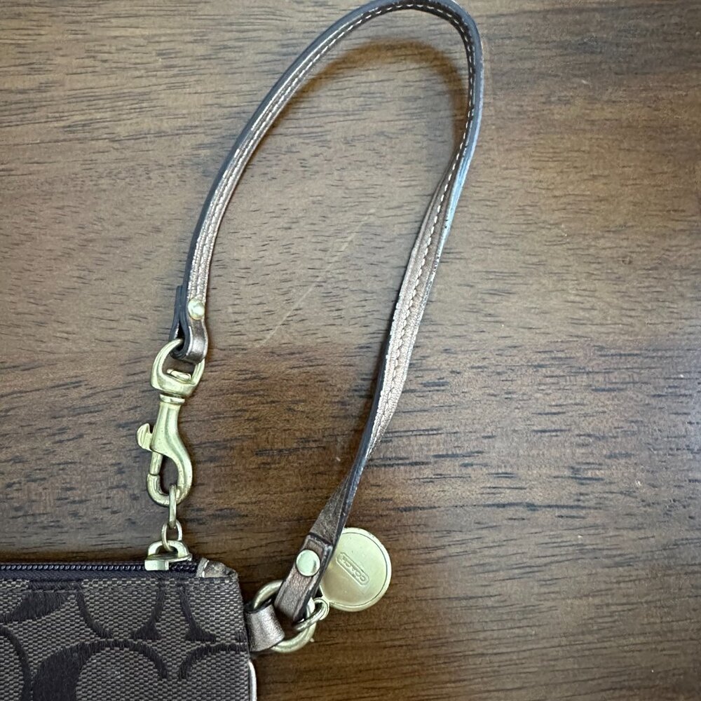 Coach Signature Collection Wristlet Brown C Logo Leather Trim Small Zip Pouch - Picture 3 of 8